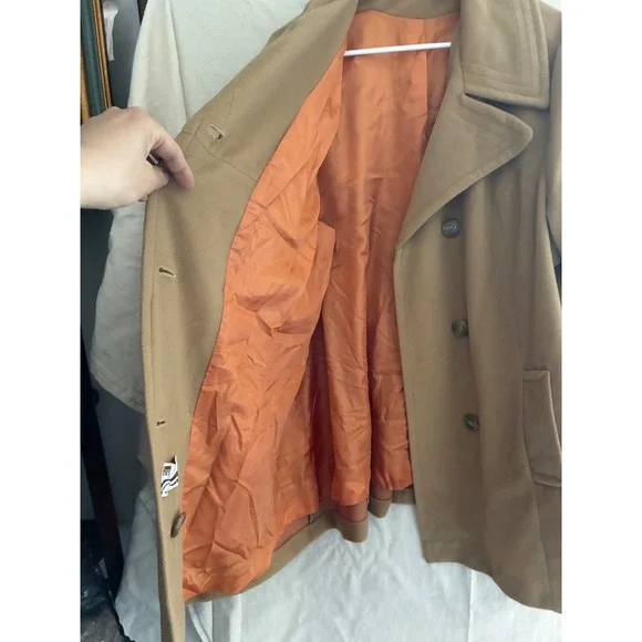 Vintage Montgomery Ward Camel Wool Pea Coat Double Breasted Orange Lining ILGWU - Picture 5 of 16